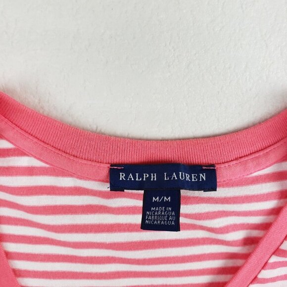 Ralph Lauren V Neck Shirt Womens Medium Coral Stripe Short Sleeve Pony Top Tee - Picture 6 of 7